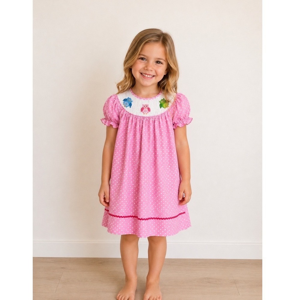 NWT‎ Babeeni Smocked Dress Pink Sz4t Owl polkadot